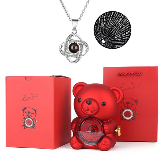 Eternal Rose Bear with 100 Languages Necklace